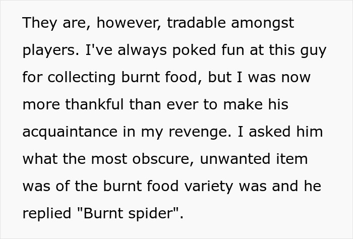 Text about tradable burnt food items in RuneScape, highlighting a burnt spider as the most obscure item collected. - 37