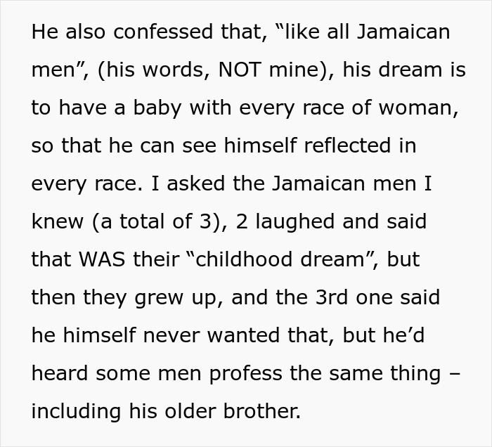 Text excerpt about a man&rsquo;s dream to father a child with every race, reflecting on Jamaican men&rsquo;s childhood dreams.