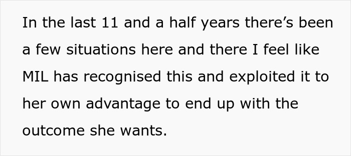 Text excerpt discussing a pregnant woman uncomfortable with MIL actions exploiting situations for personal advantage.