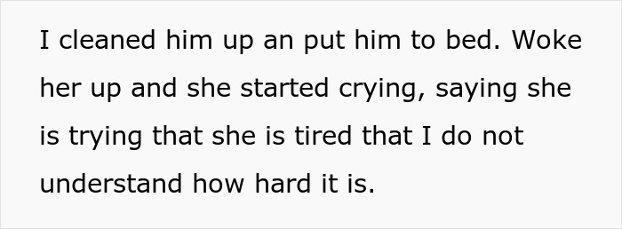 Text excerpt showing a person describing cleaning and putting someone to bed while discussing feelings of exhaustion and lack of understanding.