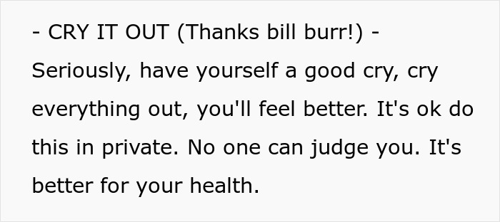 Text excerpt about coping with emotions, advising to cry it out in private for better mental health in man date single mom drama.