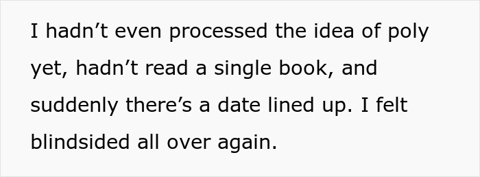 Text on a white background discussing feeling blindsided by a sudden date while not having processed the idea of poly or read any books.