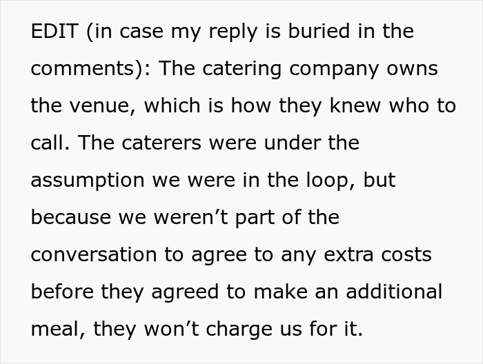 Text discussing how the catering company owns the venue and secretly adding an extra meal without extra cost. Text discussing how the catering company owns the venue and secretly adding an extra meal without extra cost.
