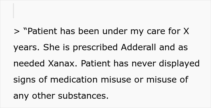 Alt text: Excerpt from a medical note detailing patient care, including prescriptions and absence of medication misuse related to postpartum boundaries.