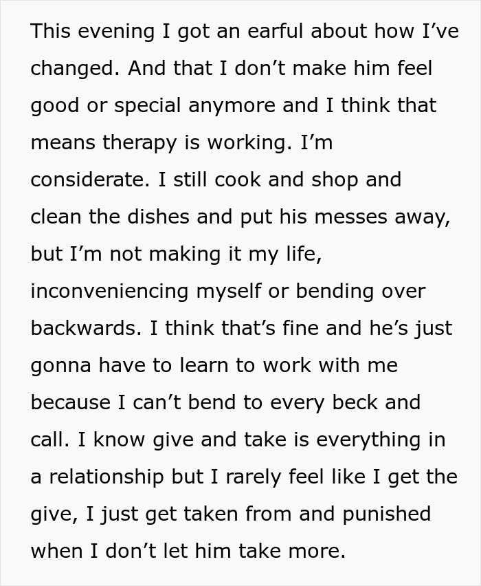 Text excerpt discussing a man taking advantage of his wife&rsquo;s submissive nature as she starts standing up for herself.