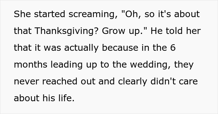 Text excerpt showing a MIL accusing DIL of changing him after son cuts toxic family and excludes her from wedding.