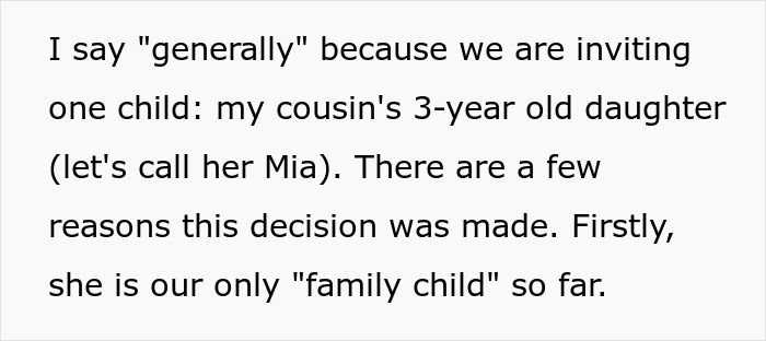Text excerpt discussing a 3-year-old daughter invited to a family event, highlighting attention-seeking mom and dress concerns.