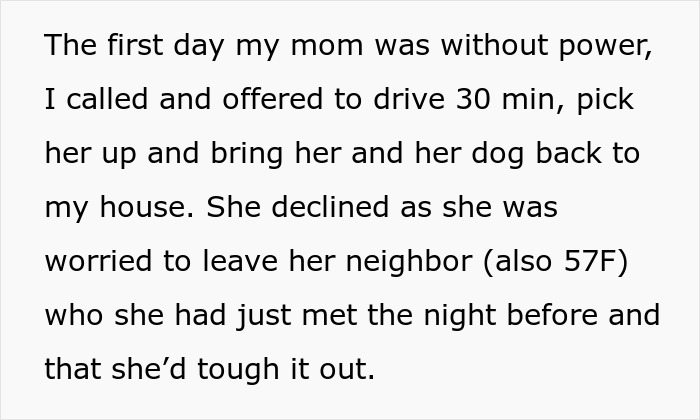 Text excerpt describing a woman refusing to house her mom&rsquo;s neighbor and dog during a snowstorm as temperatures rise.