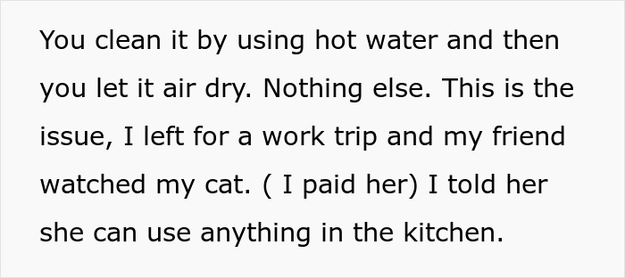 Text excerpt discussing cleaning methods and a house-sitting friend using kitchen items while watching a cat. Text excerpt discussing cleaning methods and a house-sitting friend using kitchen items while watching a cat.