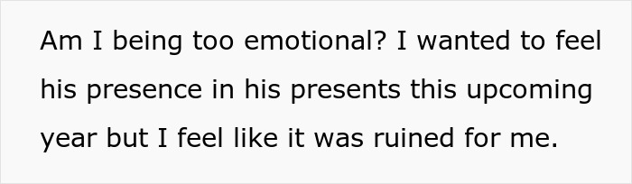 Text message expressing emotional struggle with late husband's brother using his clothes and belongings, causing distress.