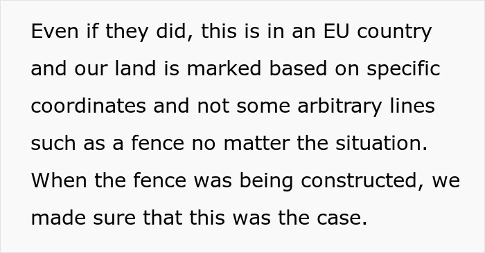 Text excerpt explaining land boundaries in an EU country related to disputes over living hedge property lines.