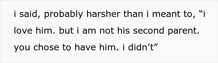 Text on screen showing a personal message about helping a single mom with a baby and complex family feelings.