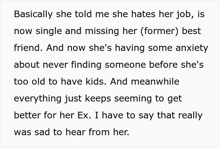 Text excerpt showing a sister relationship cheater dealing with work and personal drama and anxiety about the future.