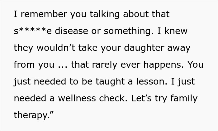 Text excerpt showing a conversation about postpartum boundaries and wellness checks related to family therapy.