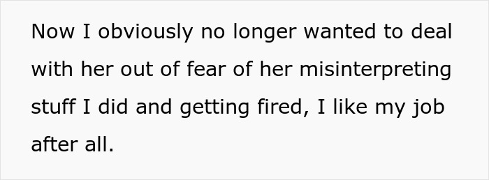 Text excerpt discussing fear of being fired after a coworker reported to HR, highlighting workplace tensions. Text excerpt discussing fear of being fired after a coworker reported to HR, highlighting workplace tensions.
