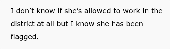 Text stating concerns about a teacher being flagged and blacklisted due to malicious threats causing harm to a coworker.