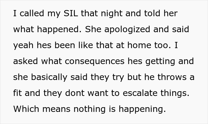 Text message describing a conversation about consequences for a nephew’s behavior and family dynamics involving basic respect. Text message describing a conversation about consequences for a nephew’s behavior and family dynamics involving basic respect.