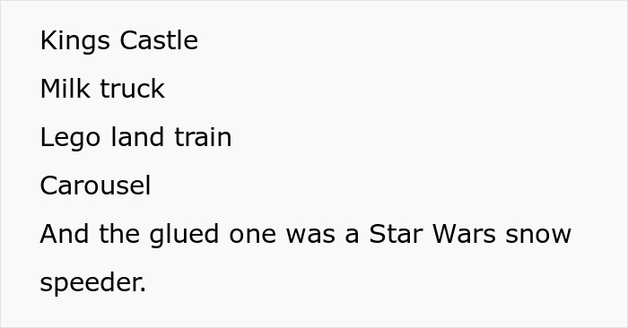 List of expensive Lego sets including Kings Castle, Milk truck, Lego train, Carousel, and Star Wars snow speeder stolen by cheating ex-wife's boyfriend.