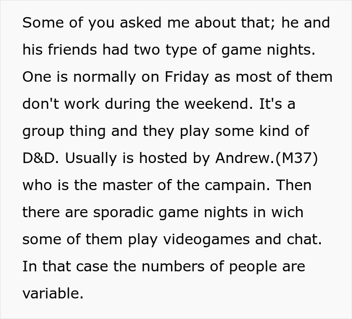 Text explaining husband best friend cheating game nights, including D&D and video games played with friends.