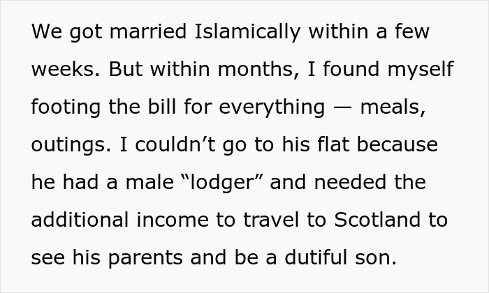 Text excerpt revealing woman marries weeks after meeting husband and exposes his secret lodger situation.