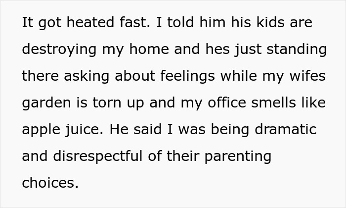 Text describing conflict after sibling kicks out brother and his kids over no consequences parenting and home damage concerns.