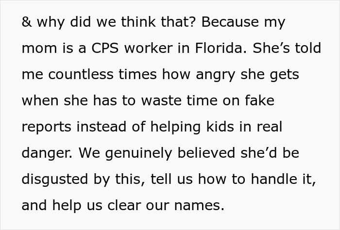 Text about a CPS worker in Florida discussing anger over fake reports and postpartum boundaries retaliation.