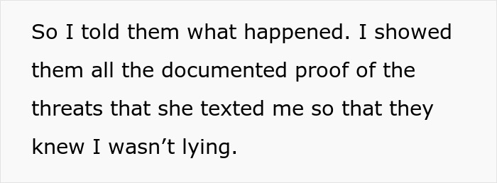 Screenshot of a message describing documented proof of malicious threats sent by a teacher causing coworker harm.