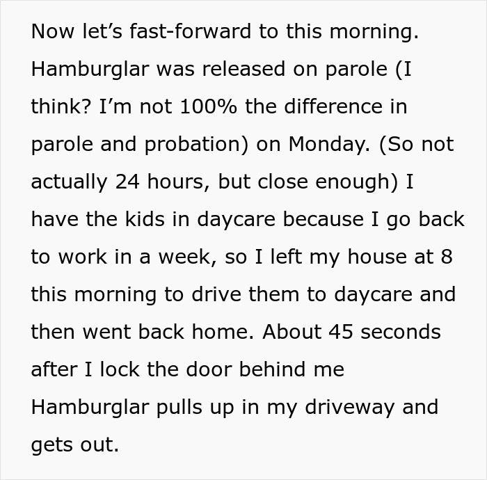 Text excerpt describing Hamburglar being released on parole and the step-mom stealing food prompting a CPS visit.