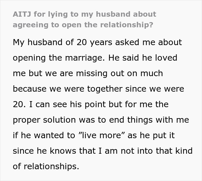 Text excerpt about a husband wanting freedom to explore outside marriage, wife uncovers affair and walks away.