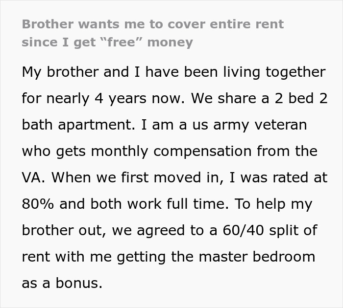 Text excerpt about veteran bro&rsquo;s pay increases and rent split disagreement between brothers living in a shared apartment.