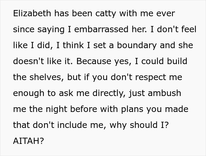 Text post discussing boundary setting when a woman volunteers boyfriend for free labor and he refuses.