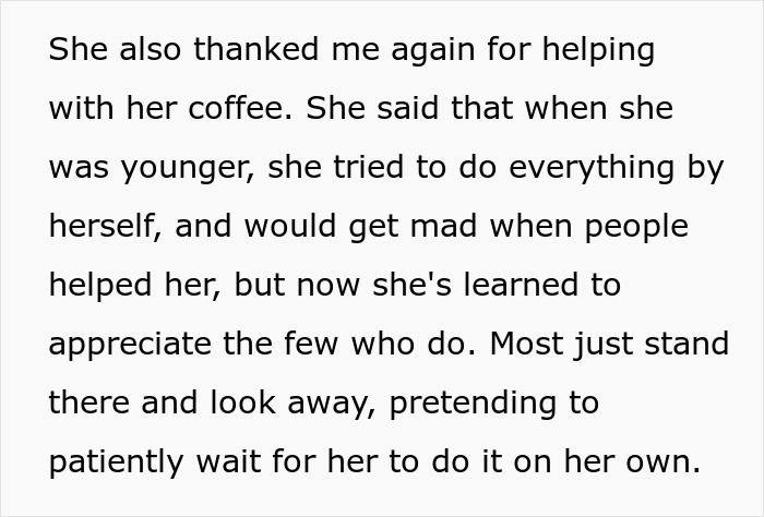 Text excerpt describing a woman reflecting on her past independence and learning to appreciate help from others.