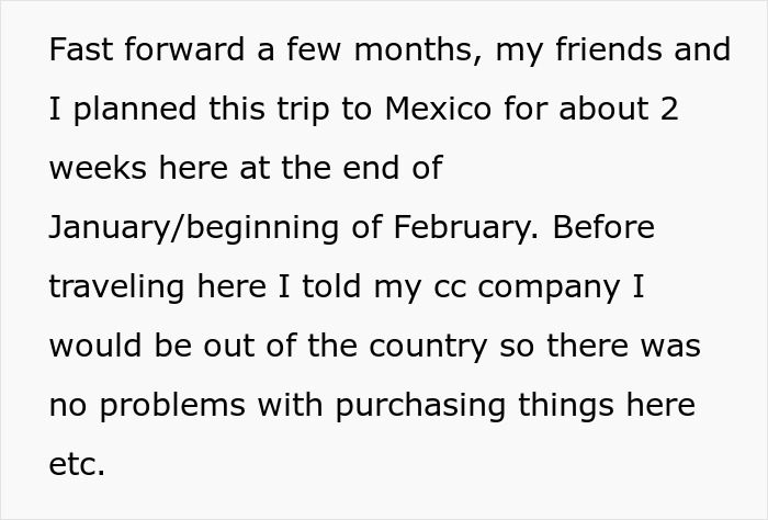 Text excerpt about planning a trip and credit card use leading to a thief girlfriend playing the victim during confrontation.