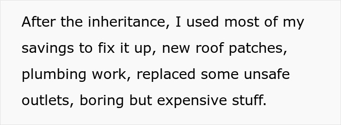Text excerpt about using inheritance savings for house repairs, mentioning roofing, plumbing, and safety upgrades.