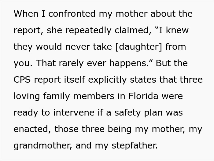 Text excerpt showing confrontation about postpartum boundaries and family intervention in a CPS report involving mother and relatives.
