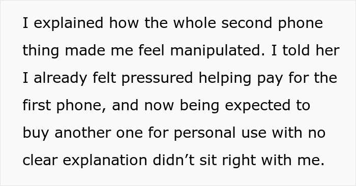 Text discussing feeling manipulated over the girlfriend’s second phone request, raising suspicion in the boyfriend. Text discussing feeling manipulated over the girlfriend’s second phone request, raising suspicion in the boyfriend.