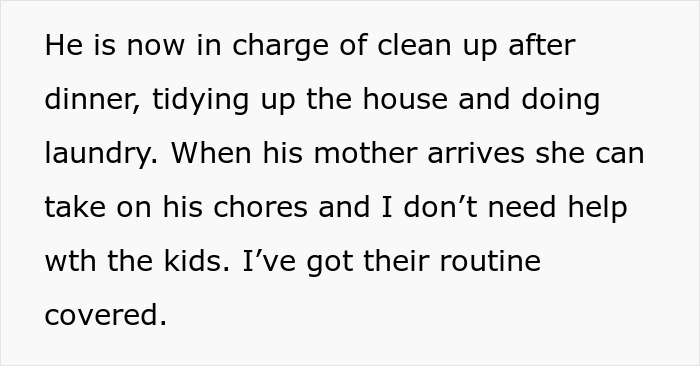 Text about lazy hubby in charge of chores, inviting mom to help, while wife goes on strike and stops pitching in.