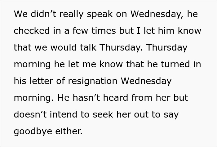 Text excerpt showing a discussion about a letter of resignation and not seeking to say goodbye, reflecting infertility and baby-making plan conflict.