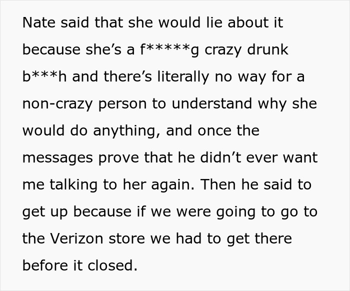 Text excerpt showing a woman conflicted about a cheating confession from her best friend while her boyfriend denies it.