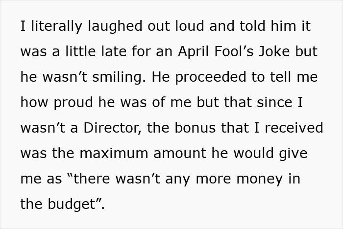 Text excerpt showing employee delivering record results but receiving excuses instead of a bonus from his boss.