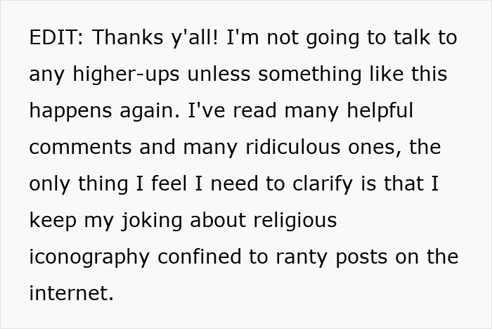 Text post about coworker preaching about Jesus during meetings and questioning if HR can handle religious drama at work.