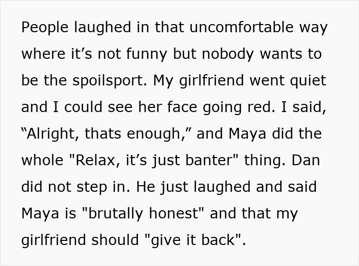 Text screenshot showing a story about a girlfriend being bullied by best friend&rsquo;s girlfriend at a 35th birthday party.