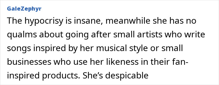 Comment criticizing hypocrisy and accusing Taylor Swift’s Opalite of copying an indie musician’s video concept.