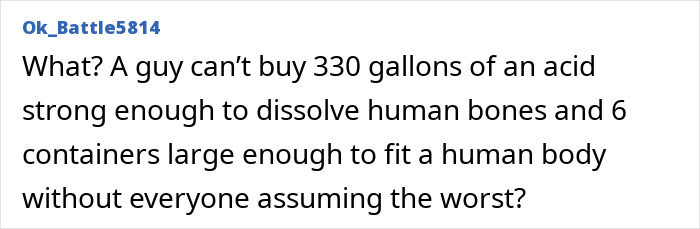 Comment discussing purchasing 330 gallons of sulfuric acid and large containers related to Epstein Island FBI probe.