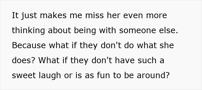 Text on a screen expressing feelings of missing someone and doubts about dating others in a man date single mom drama context.