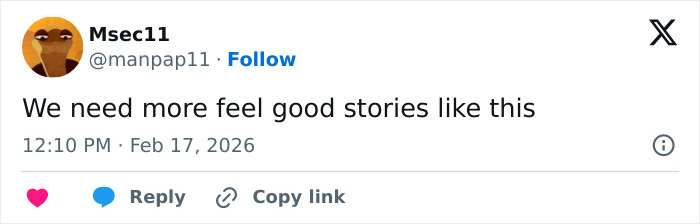 Tweet on social media expressing a wish for more feel-good stories about a baby monkey with a stuffed toy after abandonment.