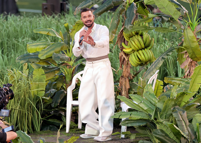 Performer singing at Super Bowl 2026 halftime show surrounded by tropical plants and banana trees on stage.