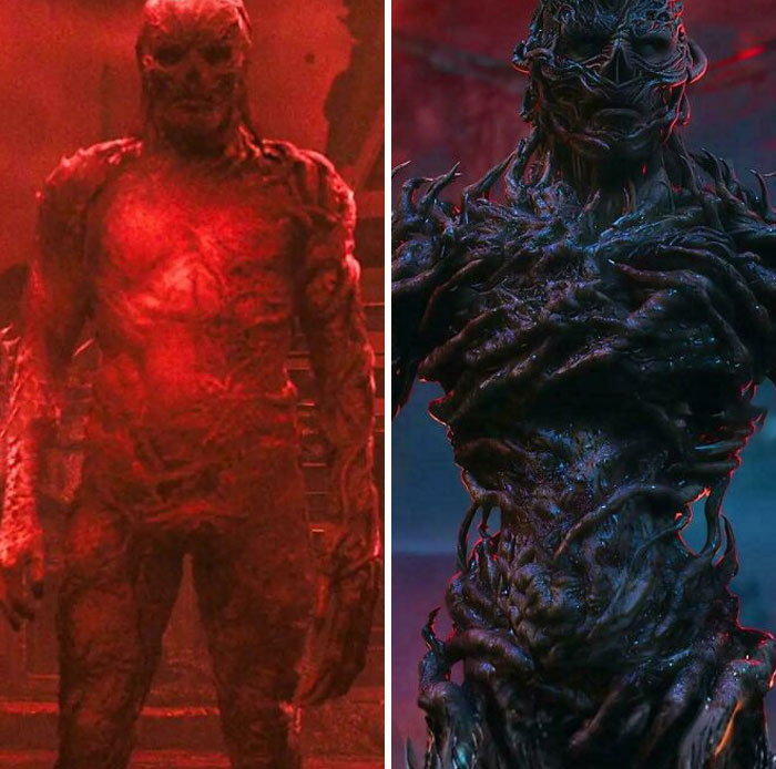 Horror movie monsters with grotesque, detailed designs showcasing absurd movie and TV details in dark red and blue lighting.