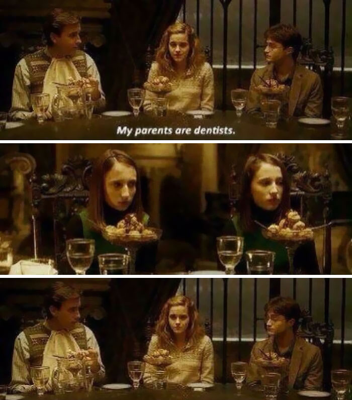 Scene from a movie dinner showing two identical girls with one ice cream, illustrating absurd yet accurate movie and TV details.