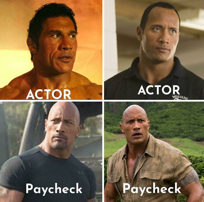 Two actors compared with their paychecks in a split image highlighting absurd movie and TV details.